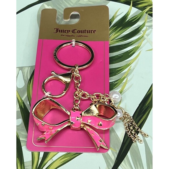 RARE Juicy Couture BOW Keychain Bag Charm Hot Pink Enameled Heart Pearl BLING